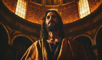 Man with long dark hair and beard stands grand, illuminated church interior with contemplative expression, evoking reverence