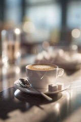 A hot cup of coffee with a saucer, spoon, and sugar cubes on the table.