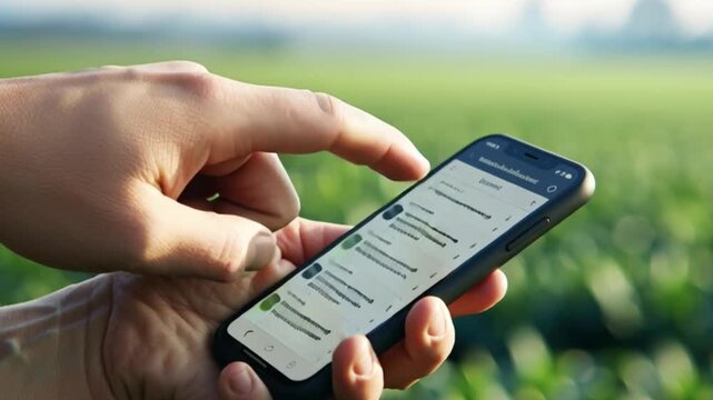 Hand using smartphone outdoors with mobile application interface on screen. Digital communication technology, online messaging and social networking, modern wireless internet usage, portable device in