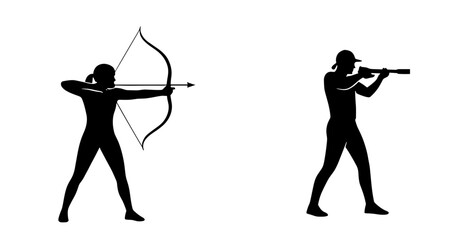 Dynamic silhouette of an archer drawing a bow and a focused shooter aiming a rifle, representing precision and sport.