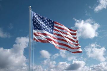 A vibrant flag waves proudly against a backdrop of fluffy white clouds.