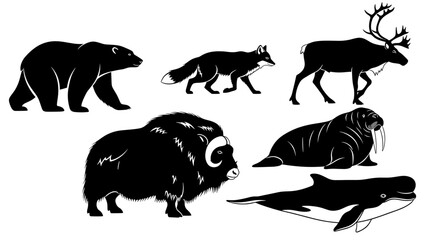 Diverse Arctic wildlife silhouettes including bear, fox, reindeer, musk ox, walrus, and whale for educational and design projects