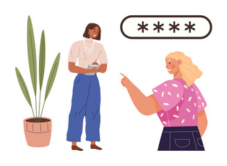 Two women interacting near a password field, one holding a notebook and the other pointing. Potted plant adds a decorative element. Ideal for technology, communication, teamwork, cybersecurity