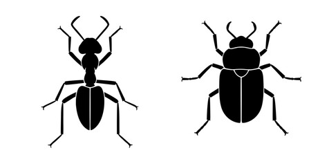 Detailed ant and beetle silhouettes, perfect for biology education, nature guides, or eco-friendly designs showing insect diversity originally a vector graphic