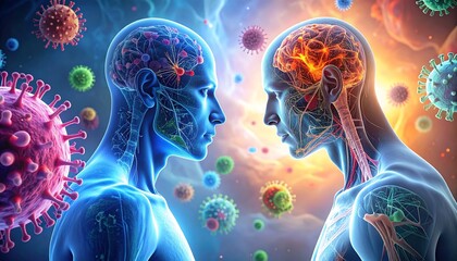 Two human heads, brain anatomy, surrounded by virus particles