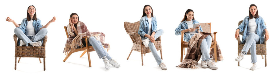 Collage of woman with stylish rattan armchairs on white background