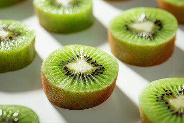 Close-up of juicy kiwi slices showcasing vibrant green flesh and tiny black seeds.