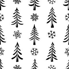 Obraz premium Seamless pattern of trees and snowflakes, winter holiday background, Christmas and New Year, isolated on white background, vector design