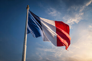 French flag waving proudly against a backdrop of a bright blue sky.