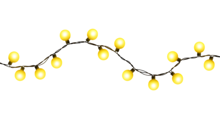 Warm yellow light string with multiple round glowing bulbs isolated on transparent background