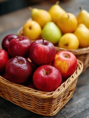 A close-up of fresh red apples and yellow pears displayed in woven baskets. Ideal for food-related themes and healthy eating.