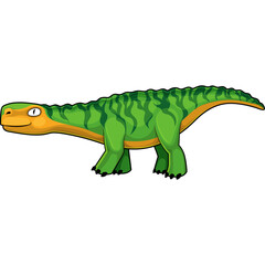 Cute cartoon green dinosaur with orange head and yellow eyes walking on a transparent background simple flat illustration.