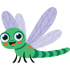 Cute cartoon green dragonfly with big eyes and translucent purple wings smiling joyfully with orange spots on its body on a transparent background