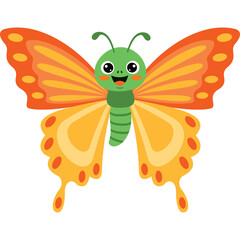Cute cartoon green butterfly with large orange and yellow wings and smiling face on transparent background detailed illustration