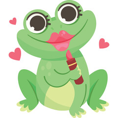Cute cartoon green frog applying pink lipstick surrounded by small pink hearts on a transparent background