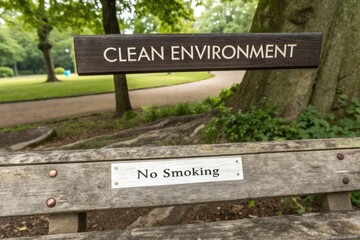 Clean Environment Sign in Park with No Smoking Bench