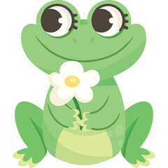 Cute cartoon green frog holding a white daisy flower with yellow center and big eyes on a transparent background a whimsical illustration