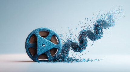 Abstract digital art of a play button dissolving into particles