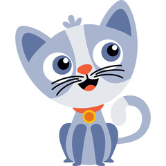 Cute Cartoon Gray Cat With Blue Eyes and Orange Collar Sitting and Smiling With A White Transparent Background and A Simple Style