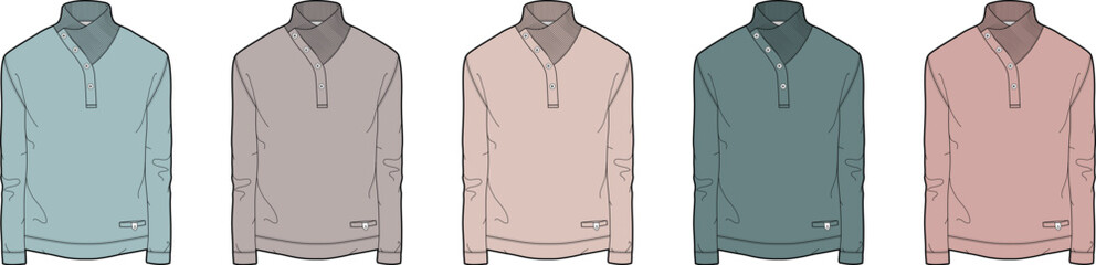 Digital illustration set featuring five long-sleeved quarter-zip polo shirts in a spectrum of muted and modern color variations, perfect for apparel design resources