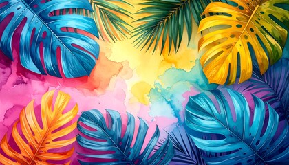 Vibrant tropical leaves on a colorful watercolor background