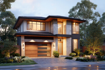 Modern house with a garage and trees in the yard during twilight hours.