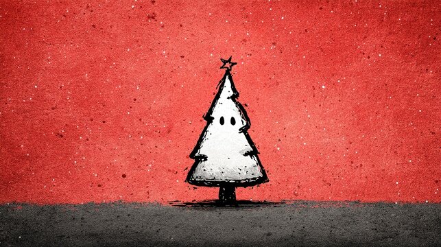 Artistic Black White Sketch Christmas Tree on Red - Creative Festive Illustration