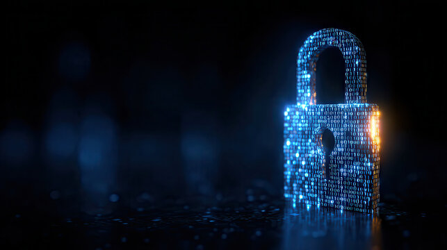 Digital lock icon made of glowing blue binary code on dark background