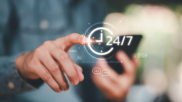 Concept of 24-7 customer service, AI-driven communication, and nonstop digital support. Symbol of smart technology, business connection, and real-time interaction for modern enterprises.