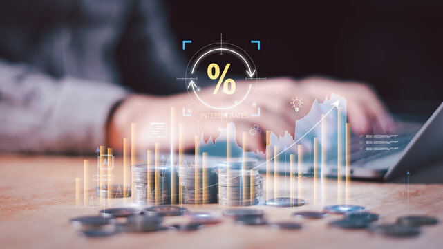 concept interest rates and dividends ,investment growth percentage and interest on deposits ,increase in interest rates ,Retirement returns ,increase of business profits,finance and investment