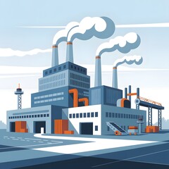 factory and smoke on blue background