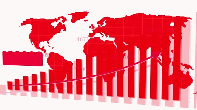 Red Pix elated World Map Overlayed with Red Bar Graph and Upward Arrow on White Background. Red pixel world map with bar chart and upward trend arrow on white background.