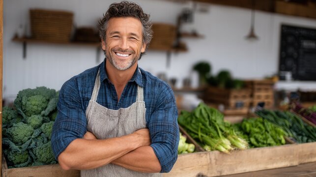 A cheerful man in an apron stands confidently at a vegetable market, surrounded by fresh produce. Ideal for promoting healthy eating and local farming.
