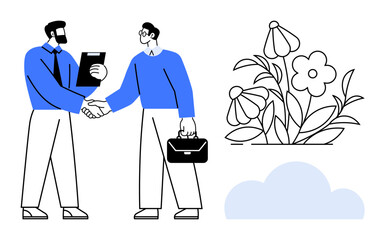 Two men in formal attire shaking hands, one holding a clipboard and the other a briefcase, beside flowers and a cloud. Ideal for partnerships, sustainability, teamwork, business growth