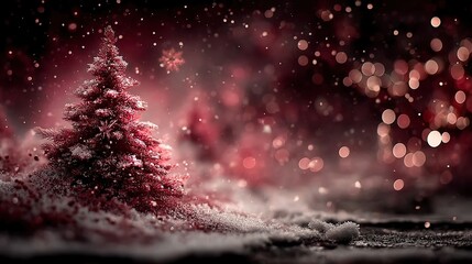 Vintage Red Purple Christmas Tree in Snow - Nostalgic Festive Illustration