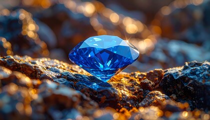 Sparkling blue gem rests on dark rock, sunlit