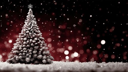 Monochrome Snowy Christmas Tree on Dark Red Background - Classic Festive Design