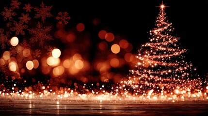 Golden Bokeh Christmas Tree with Snowflakes on Dark Background - Festive Holiday Design