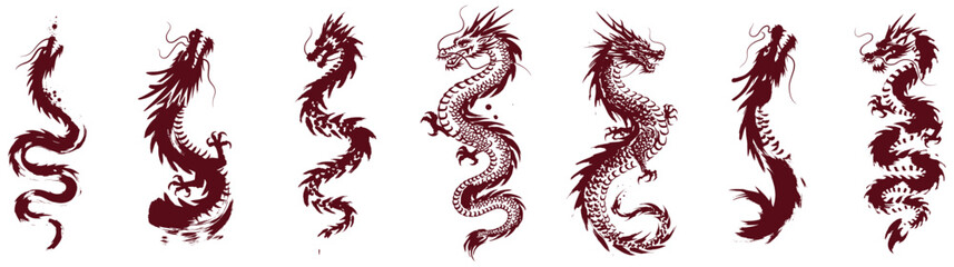 Elegant collection of vintage dragon illustrations evokes power, strength and good fortune