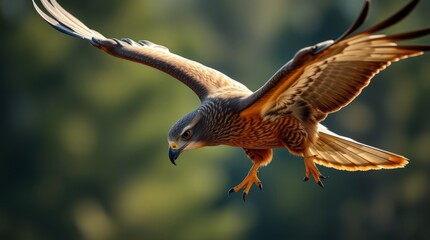 Fototapeta premium Majestic Bird of Prey in Flight Over a Lush Forest Background Capturing the Essence of Nature's Beauty and Wildlife Grace