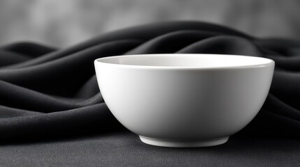 A simple white bowl placed on elegant black fabric, creating a minimalist and modern aesthetic. Ideal for culinary or design themes.