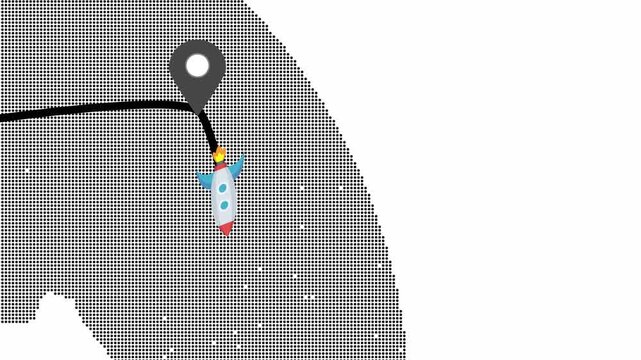 Minimalist monochrome map featuring location marker and rocket icon for navigation. Black and White Dotted Map with Location Pin and Rocket Launch navigation travel.