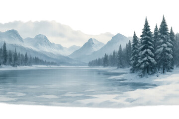 Fototapeta premium Winter landscape with snow-covered mountains, frozen lake, and pine forest showing through a torn paper effect, transparent background