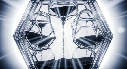 Stunning hourglass sculpture with sand flowing gracefully, a modern symbol of time, deadlines, and fleeting moments in a minimalist, elegant design