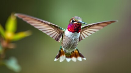 Fototapeta premium Vibrant hummingbird in mid-flight showcasing iridescent feathers and dynamic wing movements against a blurred green background
