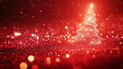 Golden Particle Christmas Tree on Red Background - Luxurious Festive Design