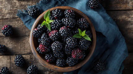 Fresh blackberries in a wooden bowl with mint leaves