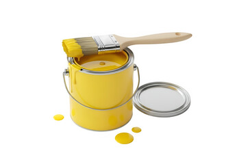 A yellow paint can with a brush, isolated on white or transparent background. PNG