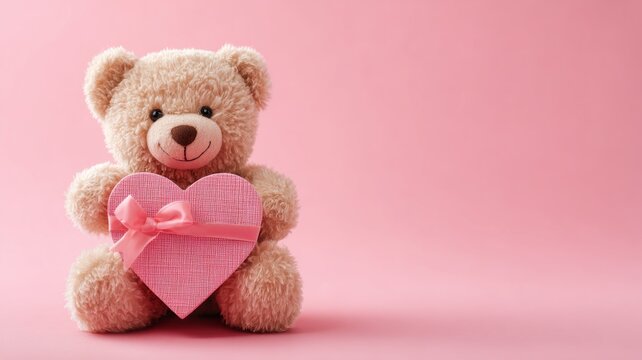 Adorable teddy bear holding heart-shaped gift box on soft pink background, romantic valentine’s day concept with love and tenderness, february celebration decoration for greeting cards and seasonal gi