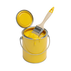 A yellow paint can with a brush, isolated on white or transparent background. PNG